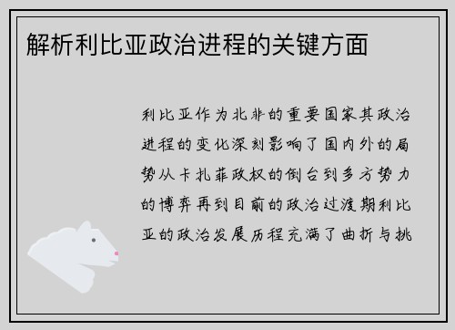 解析利比亚政治进程的关键方面